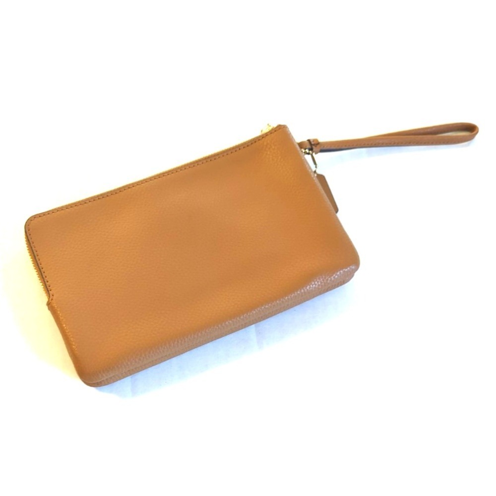 New Coach Double Zip Pebble Leather Wristlet Wallet Light Saddle - Picture 6 of 10